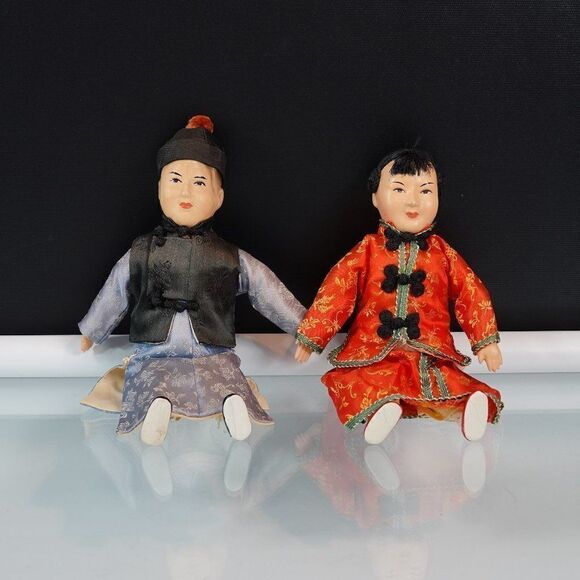 Vintage Composition Dolls Asian Couple FLAWS - Picture 1 of 12